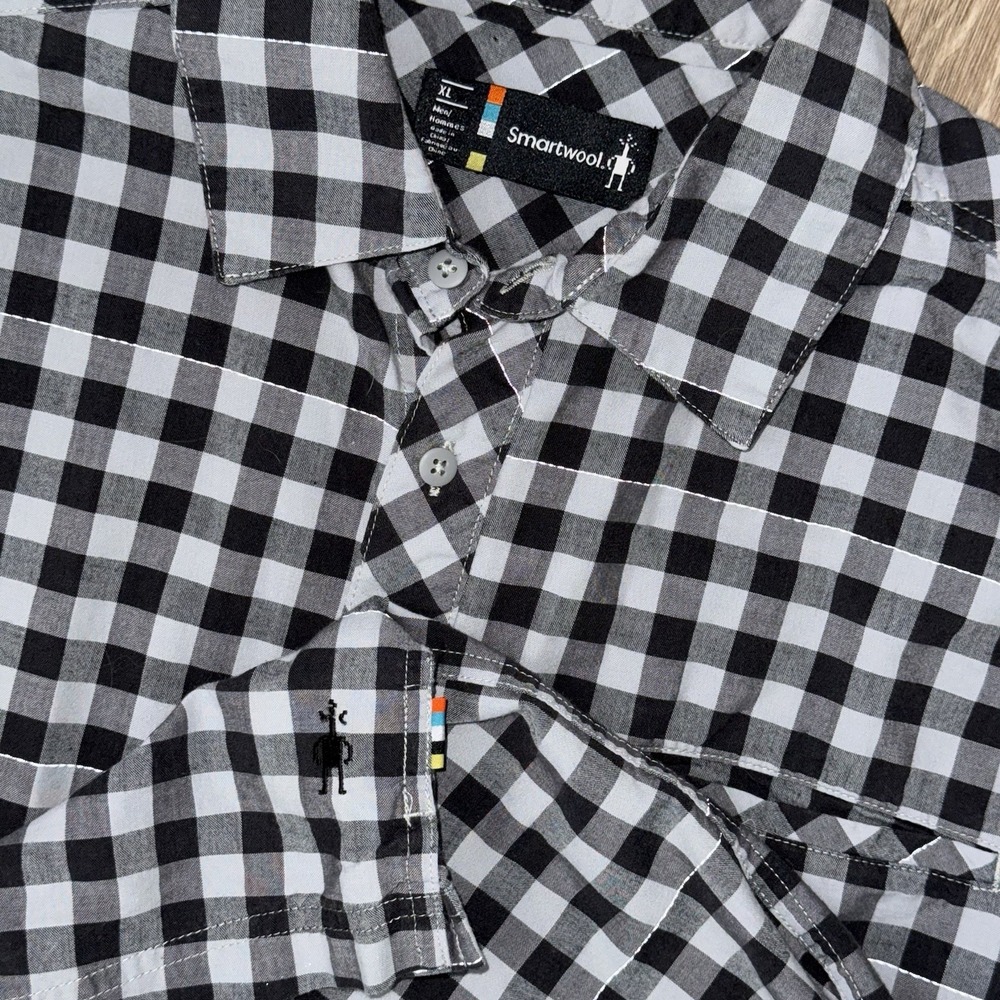 Smartwool Merino Wool Blend Short Sleeve Button Up Shirt Men's XL Grey Check